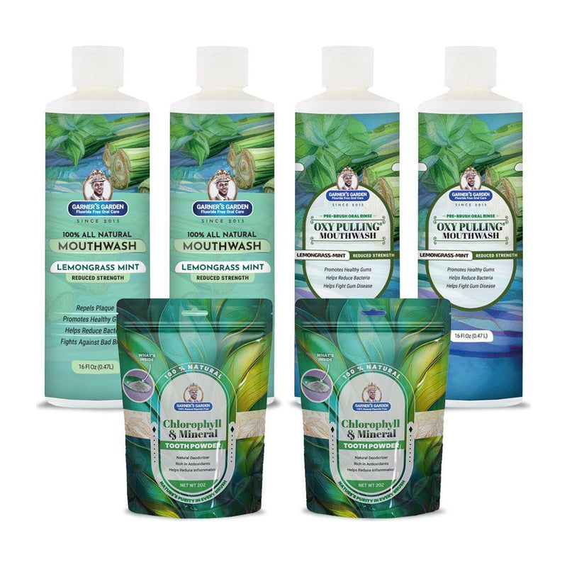 Garner's Garden 2 Pack Oral Care Package | Trio | H2O2 | Fluoride Free Packages White Smoke 2 x 16oz Reduced Lemongrassmint Mouthwash & Oxy Pulling / 2 x 2oz Chlorophyll Tooth Powder