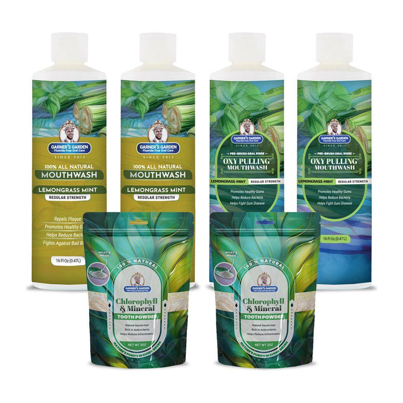 Garner's Garden 2 Pack Oral Care Package | Trio | H2O2 | Fluoride Free Packages White Smoke 2 x 16oz Regular Lemongrassmint Mouthwash & Oxy Pulling / 2 x 2oz Chlorophyll Tooth Powder