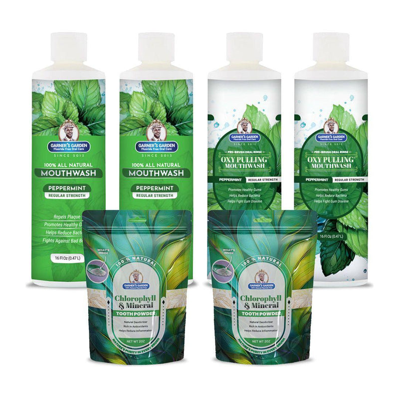 Garner's Garden 2 Pack Oral Care Package | Trio | H2O2 | Fluoride Free Packages White Smoke 2 x 16oz Regular Peppermint Mouthwash & Oxy Pulling / 2 x 2oz Chlorophyll Tooth Powder