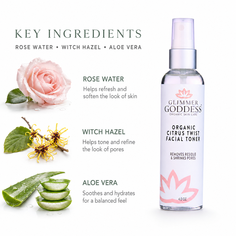 Glimmer Goddess® Organic Skin Care Organic Rose Water Facial Toner – Citrus Twist Toner with Witch Hazel & Aloe for Pore Tightening Cleansers & Scrubs White Smoke