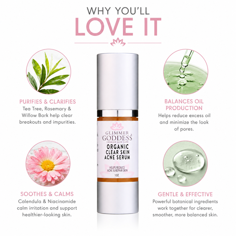Glimmer Goddess® Organic Skin Care Organic Acne Serum – Oil Control & Pore Clearing Treatment Serums White Smoke 1 oz