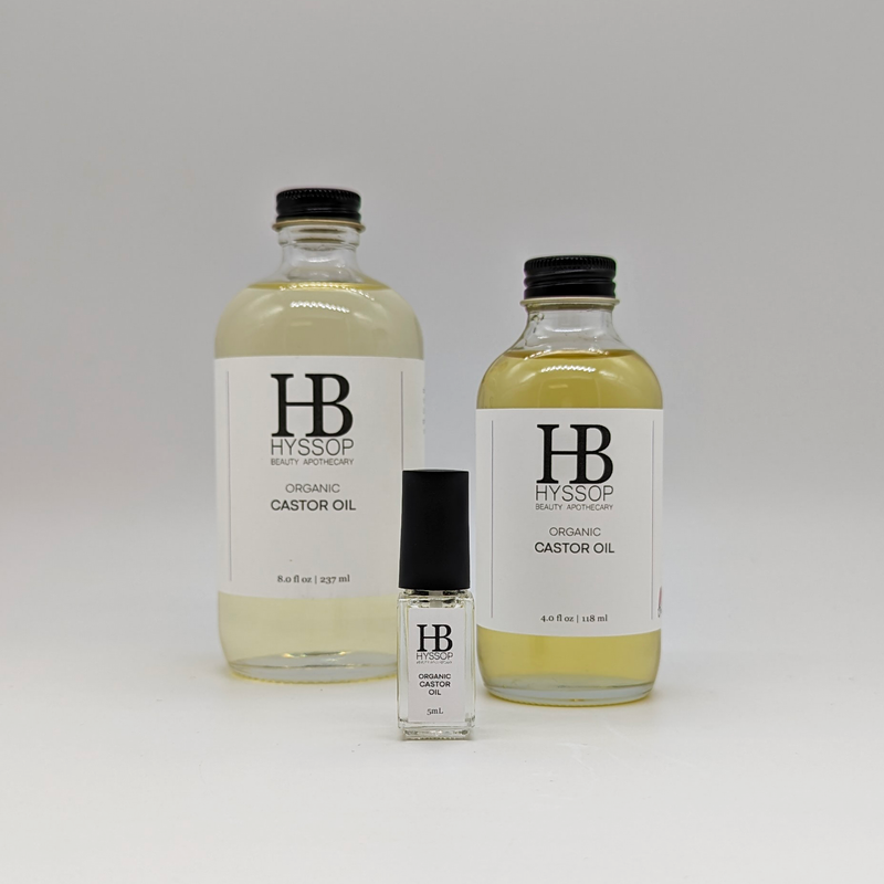 Hyssop Beauty Apothecary L.L.C. Organic Castor Oil Body Oil Gray 8 oz glass bottle with aluminum cap,4 oz glass bottle with aluminum cap,5ml glass bottle with applicator brush