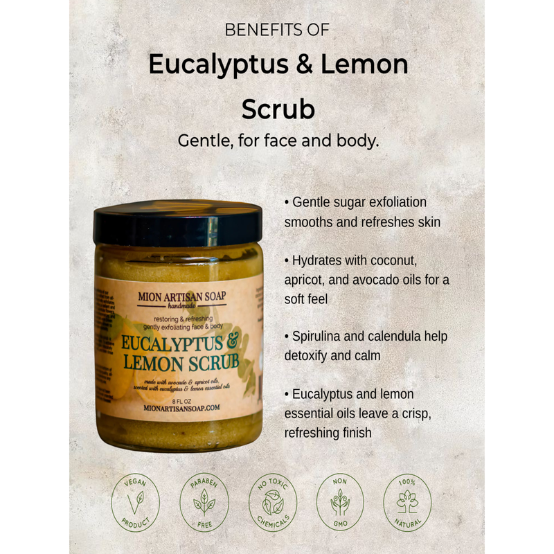 MION Artisan Soap Co. Eucalyptus and Lemon Sugar Scrub | Gentle Light Gray