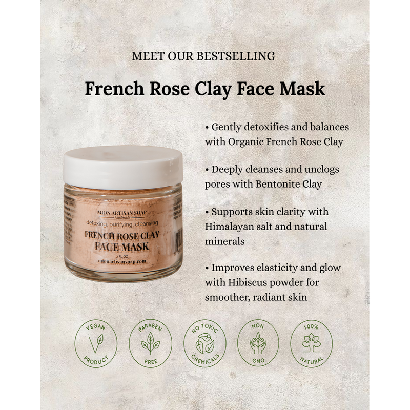 MION Artisan Soap Co. French Rose Clay Face Mask | Tone, Clear, and Detox Light Gray