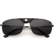 zeroUV Button Snap Vegan Leather Strap Metal Crossbar Square Aviator Sunglasses D065 Sunglasses Dark Slate Gray Silver Black / Smoke