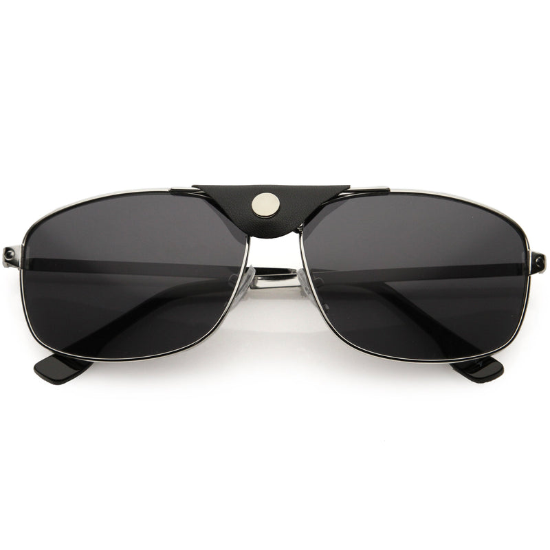 zeroUV Button Snap Vegan Leather Strap Metal Crossbar Square Aviator Sunglasses D065 Sunglasses Dark Slate Gray Silver Black / Smoke