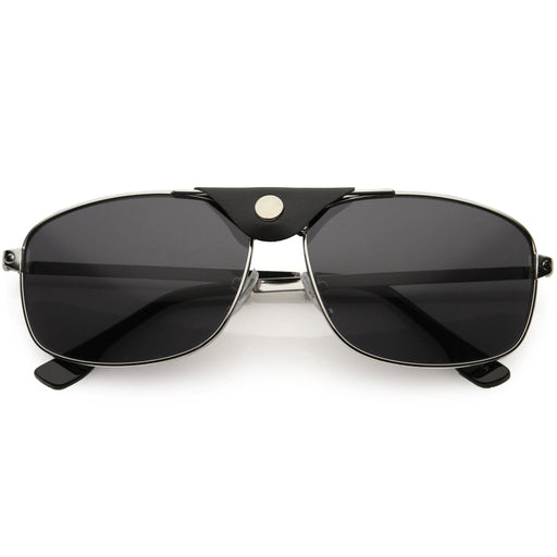 zeroUV Button Snap Vegan Leather Strap Metal Crossbar Square Aviator Sunglasses D065 Sunglasses Dark Slate Gray Silver Black / Smoke