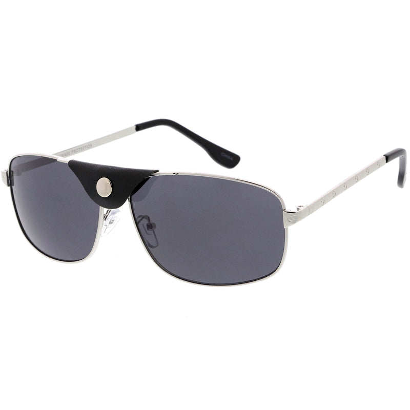 zeroUV Button Snap Vegan Leather Strap Metal Crossbar Square Aviator Sunglasses D065 Sunglasses White Smoke Gold Brown / Green,Black Black / Gold Mirror,Silver Black / Smoke,Gold Black / Smoke