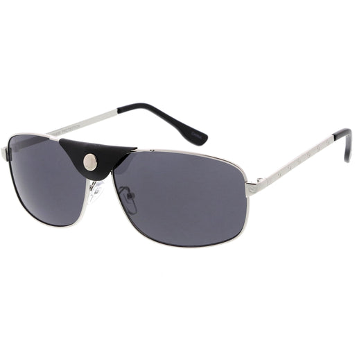 zeroUV Button Snap Vegan Leather Strap Metal Crossbar Square Aviator Sunglasses D065 Sunglasses White Smoke Gold Brown / Green,Black Black / Gold Mirror,Silver Black / Smoke,Gold Black / Smoke