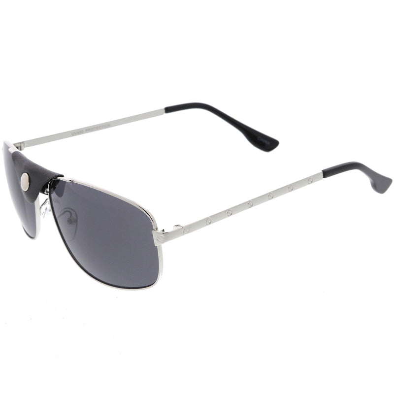zeroUV Button Snap Vegan Leather Strap Metal Crossbar Square Aviator Sunglasses D065 Sunglasses White Smoke Gold Brown / Green,Black Black / Gold Mirror,Silver Black / Smoke,Gold Black / Smoke