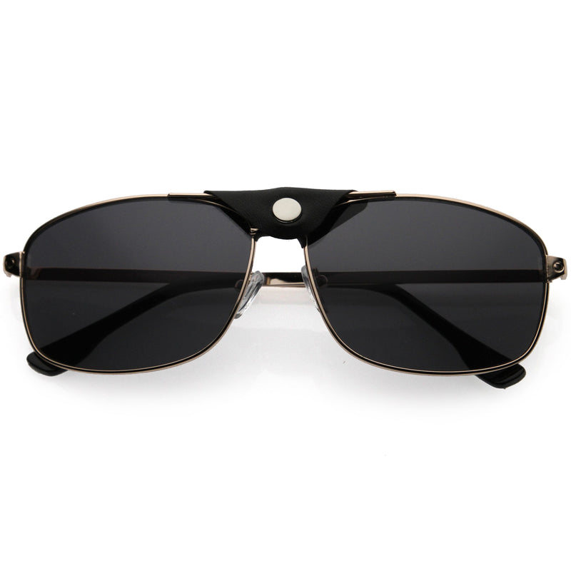 zeroUV Button Snap Vegan Leather Strap Metal Crossbar Square Aviator Sunglasses D065 Sunglasses Dark Slate Gray Gold Black / Smoke
