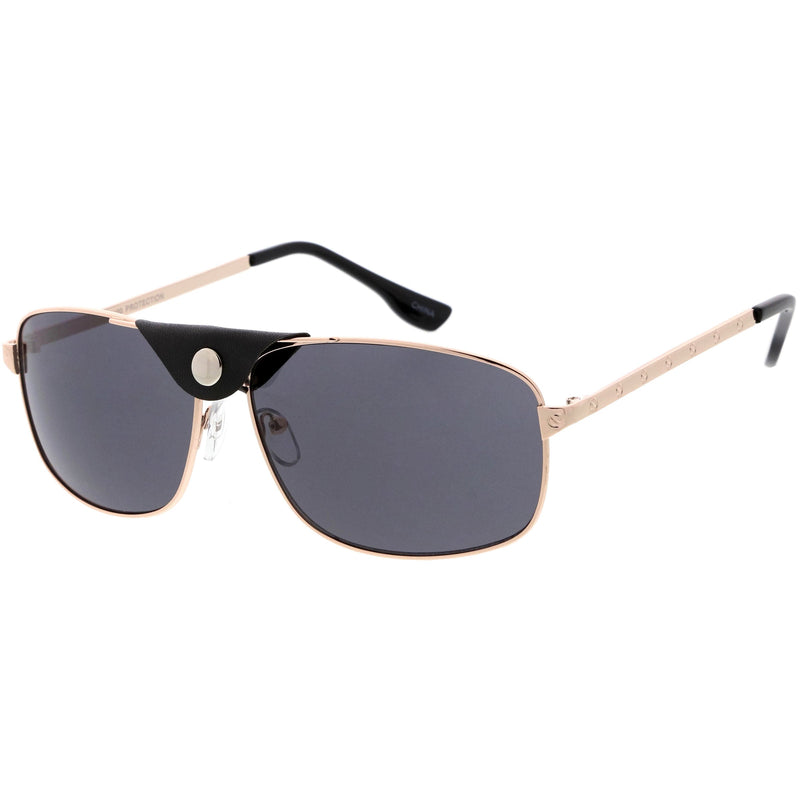 zeroUV Button Snap Vegan Leather Strap Metal Crossbar Square Aviator Sunglasses D065 Sunglasses White Smoke Gold Brown / Green,Black Black / Gold Mirror,Silver Black / Smoke,Gold Black / Smoke