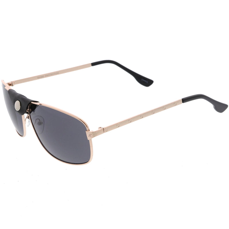 zeroUV Button Snap Vegan Leather Strap Metal Crossbar Square Aviator Sunglasses D065 Sunglasses White Smoke Gold Brown / Green,Black Black / Gold Mirror,Silver Black / Smoke,Gold Black / Smoke