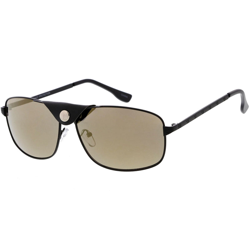zeroUV Button Snap Vegan Leather Strap Metal Crossbar Square Aviator Sunglasses D065 Sunglasses White Smoke Gold Brown / Green,Black Black / Gold Mirror,Silver Black / Smoke,Gold Black / Smoke