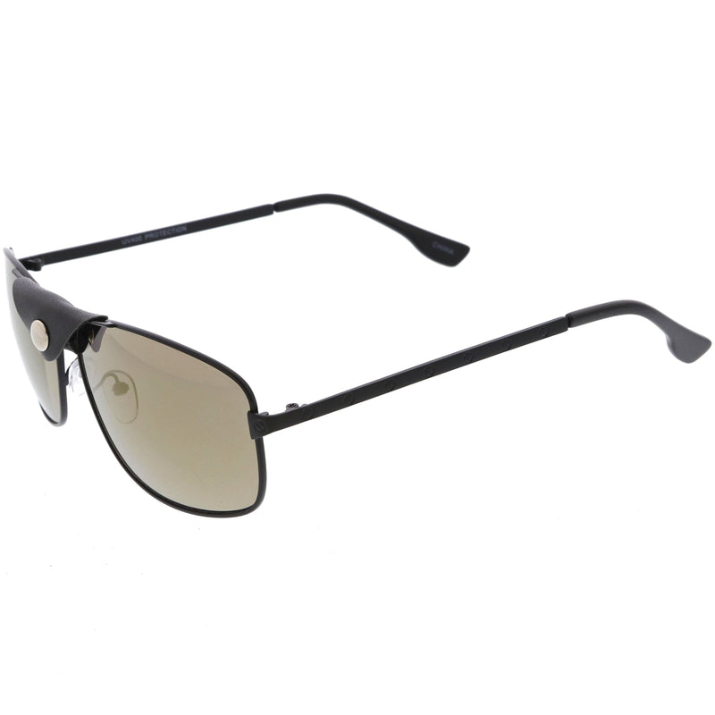 zeroUV Button Snap Vegan Leather Strap Metal Crossbar Square Aviator Sunglasses D065 Sunglasses White Smoke Gold Brown / Green,Black Black / Gold Mirror,Silver Black / Smoke,Gold Black / Smoke