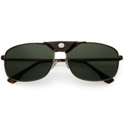 zeroUV Button Snap Vegan Leather Strap Metal Crossbar Square Aviator Sunglasses D065 Sunglasses White Smoke Gold Brown / Green