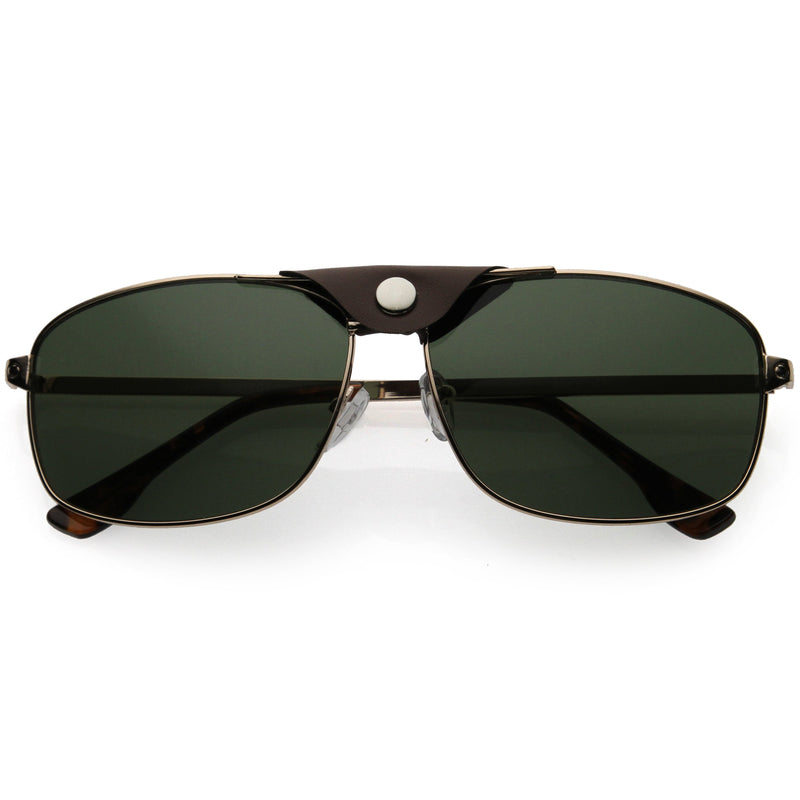 zeroUV Button Snap Vegan Leather Strap Metal Crossbar Square Aviator Sunglasses D065 Sunglasses White Smoke Gold Brown / Green