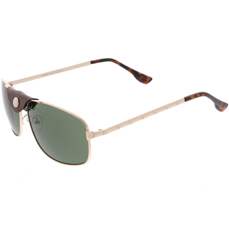 zeroUV Button Snap Vegan Leather Strap Metal Crossbar Square Aviator Sunglasses D065 Sunglasses White Smoke Gold Brown / Green,Black Black / Gold Mirror,Silver Black / Smoke,Gold Black / Smoke