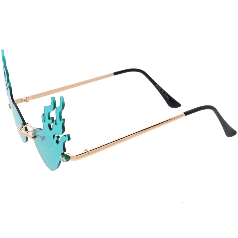 zeroUV Flaming Fire Color Tinted Lens Oval Rimless Flames Sunglasses D073 Sunglasses White Smoke Gold / Red,Gold / Teal,Gold / Pink,Gold / Green,Gold / Yellow,Gold / Purple,Gold / Smoke