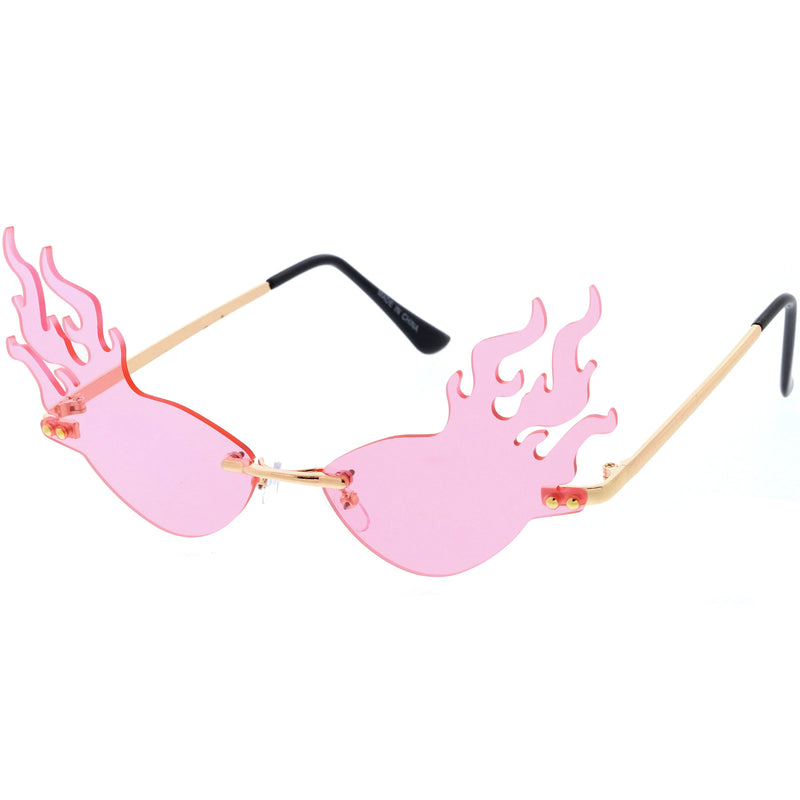 zeroUV Flaming Fire Color Tinted Lens Oval Rimless Flames Sunglasses D073 Sunglasses White Smoke Gold / Red,Gold / Teal,Gold / Pink,Gold / Green,Gold / Yellow,Gold / Purple,Gold / Smoke