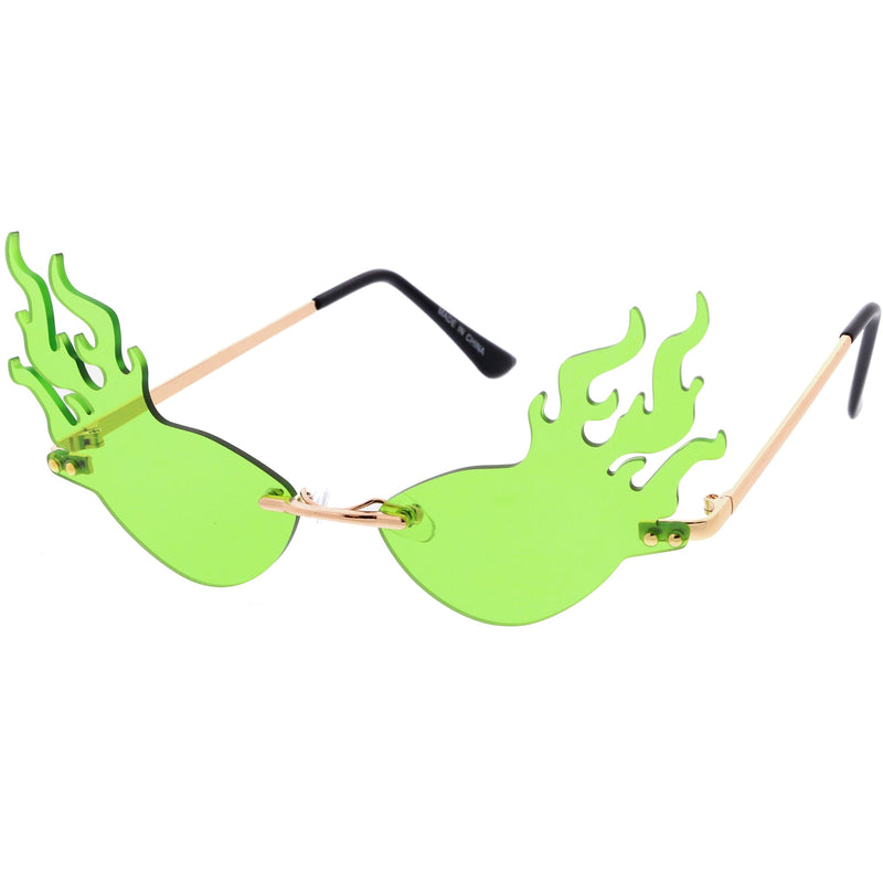 zeroUV Flaming Fire Color Tinted Lens Oval Rimless Flames Sunglasses D073 Sunglasses White Smoke Gold / Red,Gold / Teal,Gold / Pink,Gold / Green,Gold / Yellow,Gold / Purple,Gold / Smoke