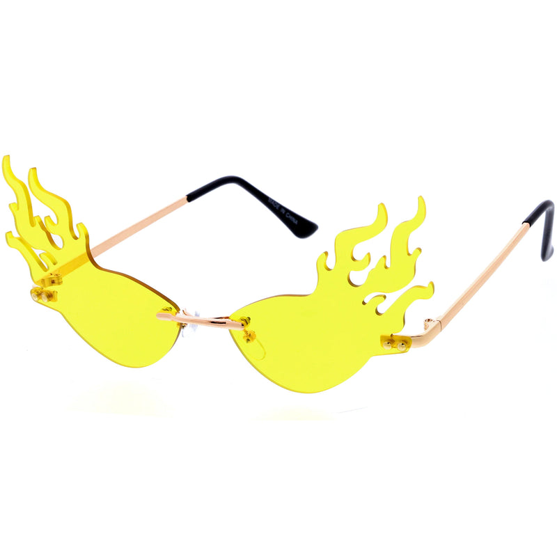 zeroUV Flaming Fire Color Tinted Lens Oval Rimless Flames Sunglasses D073 Sunglasses White Smoke Gold / Red,Gold / Teal,Gold / Pink,Gold / Green,Gold / Yellow,Gold / Purple,Gold / Smoke