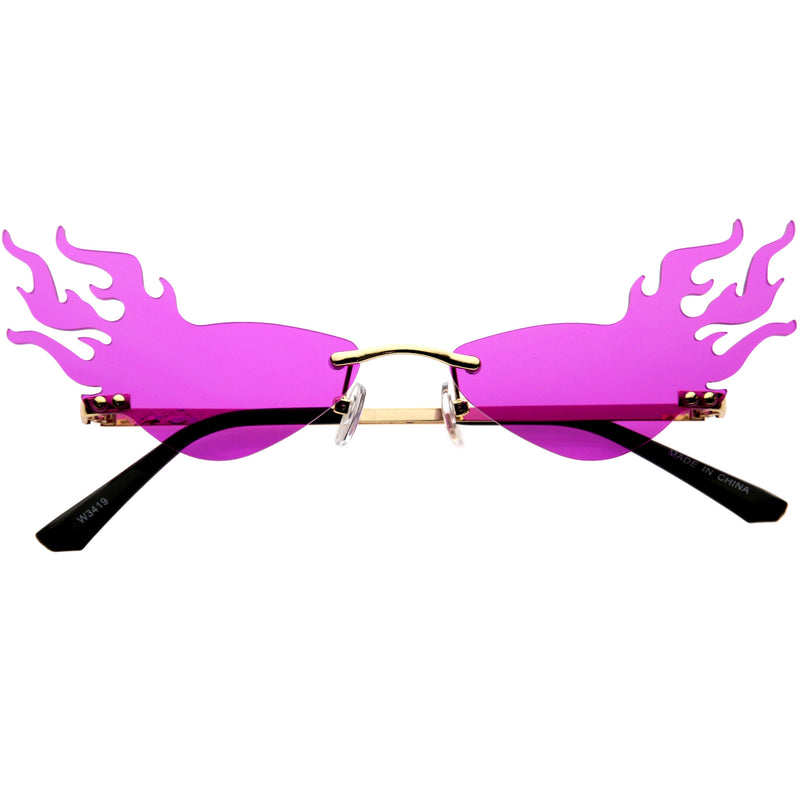 zeroUV Flaming Fire Color Tinted Lens Oval Rimless Flames Sunglasses D073 Sunglasses White Smoke Gold / Purple