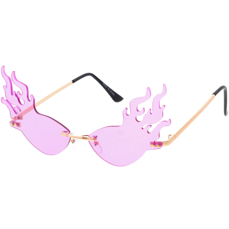 zeroUV Flaming Fire Color Tinted Lens Oval Rimless Flames Sunglasses D073 Sunglasses White Smoke Gold / Red,Gold / Teal,Gold / Pink,Gold / Green,Gold / Yellow,Gold / Purple,Gold / Smoke