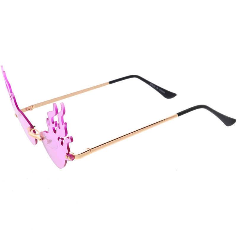zeroUV Flaming Fire Color Tinted Lens Oval Rimless Flames Sunglasses D073 Sunglasses White Smoke Gold / Red,Gold / Teal,Gold / Pink,Gold / Green,Gold / Yellow,Gold / Purple,Gold / Smoke