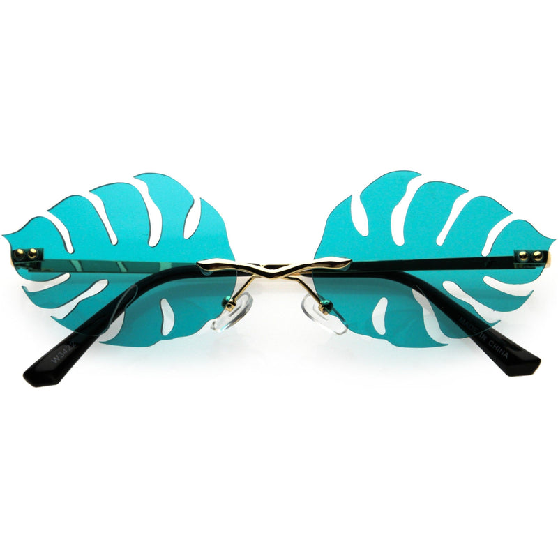 zeroUV Tropical Palm Leaf Shape Cut-Out Rimless Color Tinted Leaves Sunglasses D075 Sunglasses White Smoke Gold / Teal,Gold / Red,Gold / Pink,Gold / Purple,Gold / Smoke,Gold / Yellow