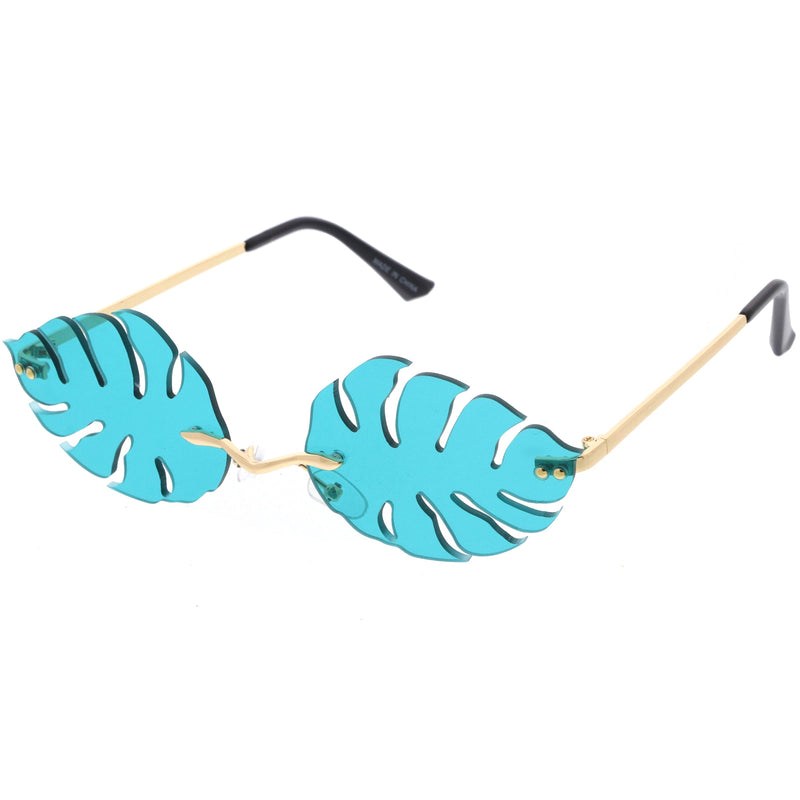 zeroUV Tropical Palm Leaf Shape Cut-Out Rimless Color Tinted Leaves Sunglasses D075 Sunglasses White Smoke Gold / Teal,Gold / Red,Gold / Pink,Gold / Purple,Gold / Smoke,Gold / Yellow