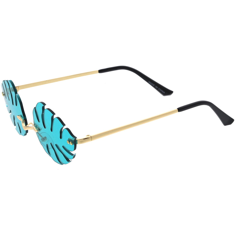 zeroUV Tropical Palm Leaf Shape Cut-Out Rimless Color Tinted Leaves Sunglasses D075 Sunglasses White Smoke Gold / Teal,Gold / Red,Gold / Pink,Gold / Purple,Gold / Smoke,Gold / Yellow