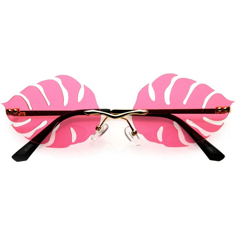 zeroUV Tropical Palm Leaf Shape Cut-Out Rimless Color Tinted Leaves Sunglasses D075 Sunglasses White Smoke Gold / Pink