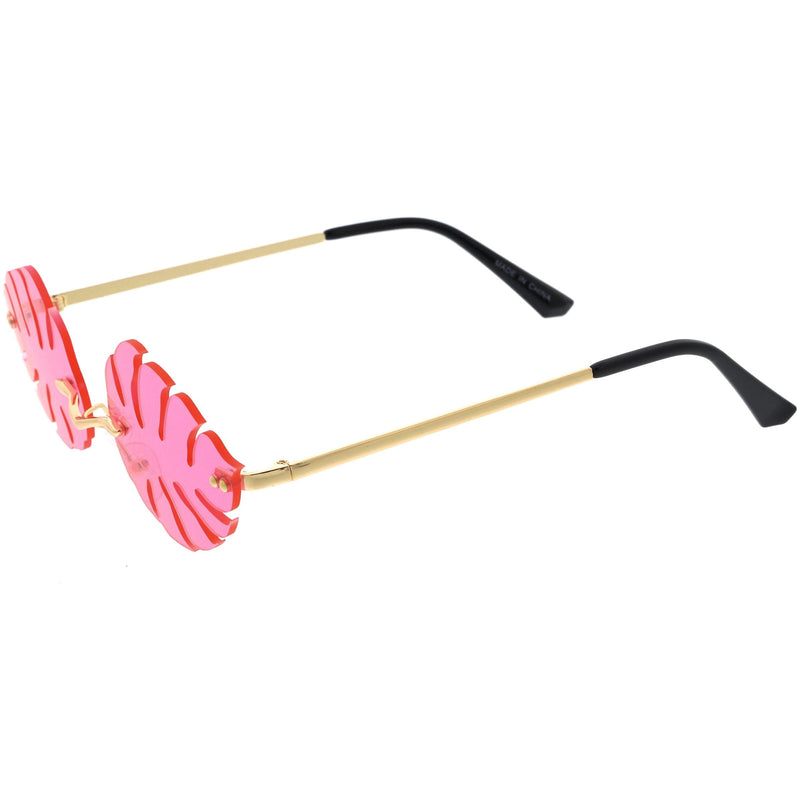 zeroUV Tropical Palm Leaf Shape Cut-Out Rimless Color Tinted Leaves Sunglasses D075 Sunglasses White Smoke Gold / Teal,Gold / Red,Gold / Pink,Gold / Purple,Gold / Smoke,Gold / Yellow