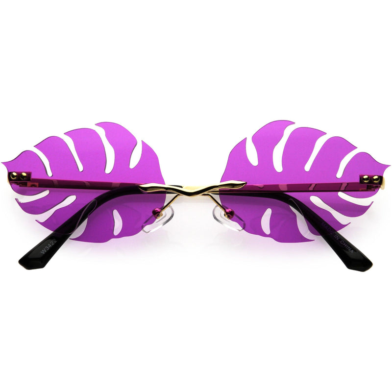zeroUV Tropical Palm Leaf Shape Cut-Out Rimless Color Tinted Leaves Sunglasses D075 Sunglasses White Smoke Gold / Purple