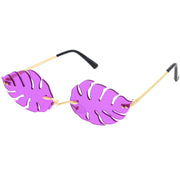 zeroUV Tropical Palm Leaf Shape Cut-Out Rimless Color Tinted Leaves Sunglasses D075 Sunglasses White Smoke Gold / Teal,Gold / Red,Gold / Pink,Gold / Purple,Gold / Smoke,Gold / Yellow