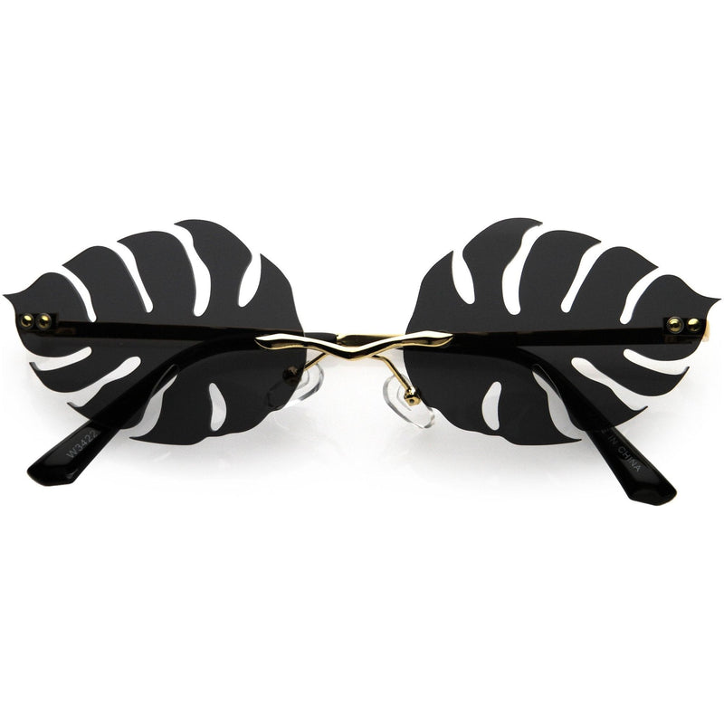 zeroUV Tropical Palm Leaf Shape Cut-Out Rimless Color Tinted Leaves Sunglasses D075 Sunglasses White Smoke Gold / Teal,Gold / Red,Gold / Pink,Gold / Purple,Gold / Smoke,Gold / Yellow