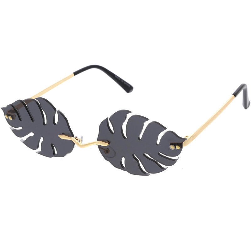 zeroUV Tropical Palm Leaf Shape Cut-Out Rimless Color Tinted Leaves Sunglasses D075 Sunglasses White Smoke Gold / Teal,Gold / Red,Gold / Pink,Gold / Purple,Gold / Smoke,Gold / Yellow