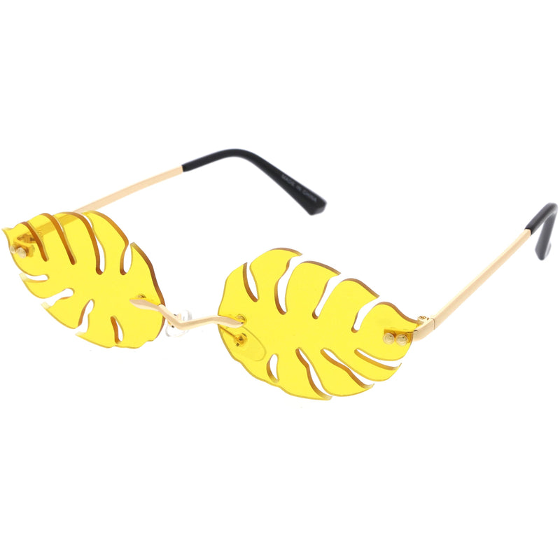 zeroUV Tropical Palm Leaf Shape Cut-Out Rimless Color Tinted Leaves Sunglasses D075 Sunglasses White Smoke Gold / Teal,Gold / Red,Gold / Pink,Gold / Purple,Gold / Smoke,Gold / Yellow