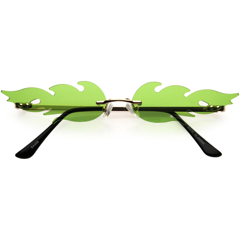 zeroUV Bold Fire Flaming Shape Color Tinted Lens Rimless Flames Sunglasses D080 Sunglasses White Smoke Gold / Green