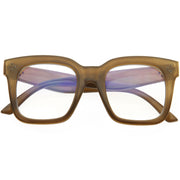 zeroUV Bold Oversize Square Horn Rimmed Flat Lens Clear Glasses D093 Sunglasses White Smoke Shiny Brown / Clear