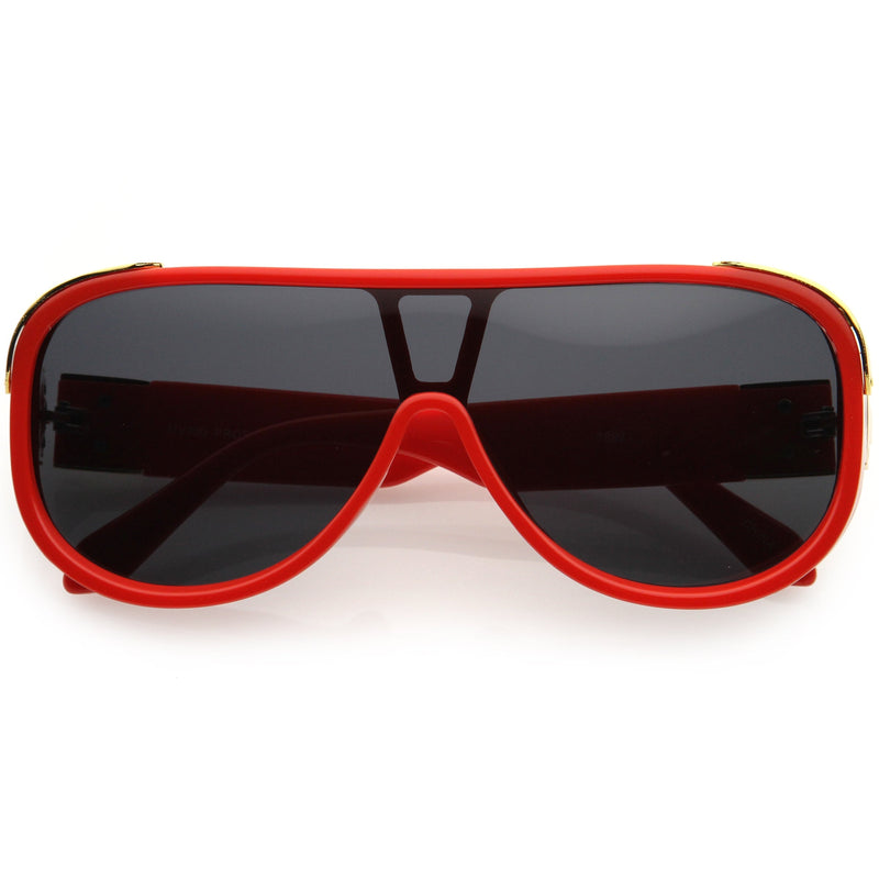 zeroUV High Fashion Neutral Rounded Lens Flat Top Oversize Shield Sunglasses D101 Sunglasses Black Red / Smoke,Black / Gold Mirror,Black / Smoke,White / Smoke