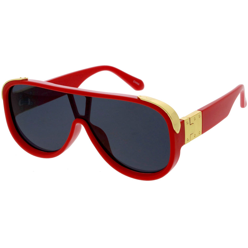 zeroUV High Fashion Neutral Rounded Lens Flat Top Oversize Shield Sunglasses D101 Sunglasses White Smoke Red / Smoke,Black / Gold Mirror,Black / Smoke,White / Smoke