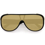 zeroUV High Fashion Neutral Rounded Lens Flat Top Oversize Shield Sunglasses D101 Sunglasses Dark Khaki Black / Gold Mirror