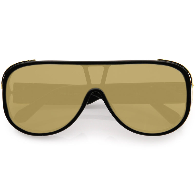 zeroUV High Fashion Neutral Rounded Lens Flat Top Oversize Shield Sunglasses D101 Sunglasses Dark Khaki Black / Gold Mirror