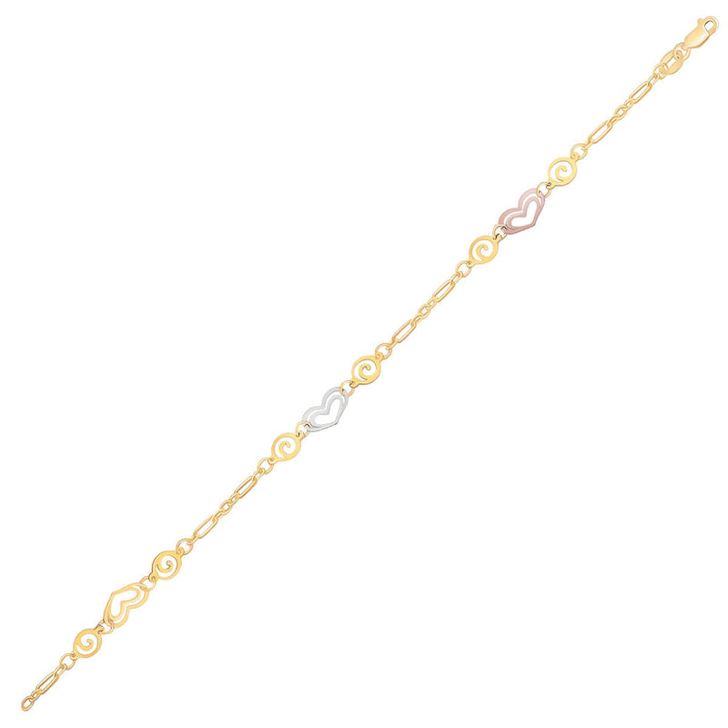 Bids.com 14k Tri-Color Gold Anklet with Multi Color Heart Stations Accessories White Smoke 10 / Tri-Color Gold