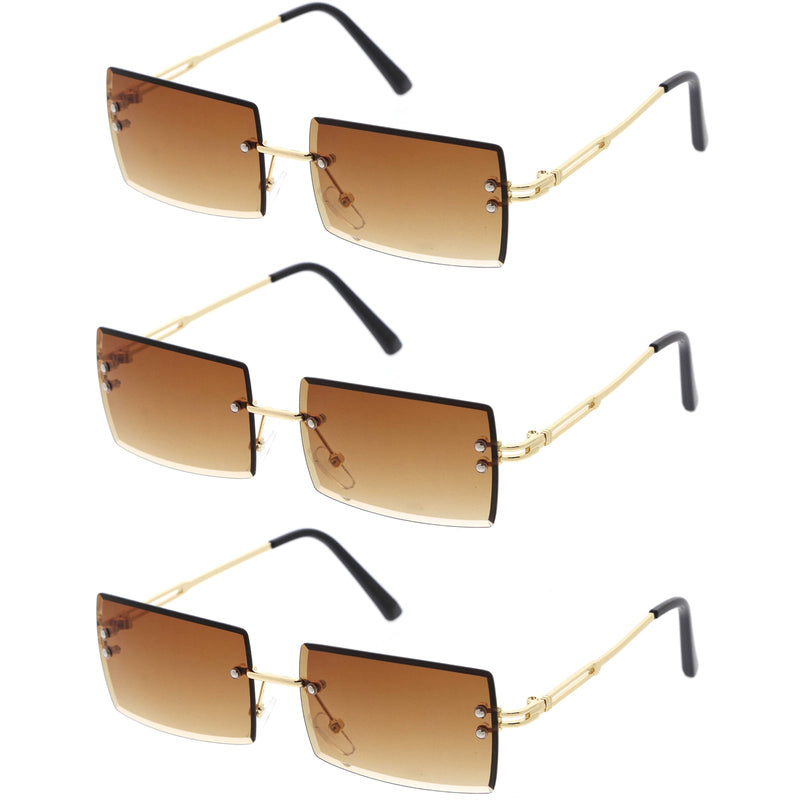 zeroUV Luxe 90s Inspired Full Rimless Metal Accent Medium Square Sunglasses D108 Sunglasses White Smoke Gold / Amber (3pack)