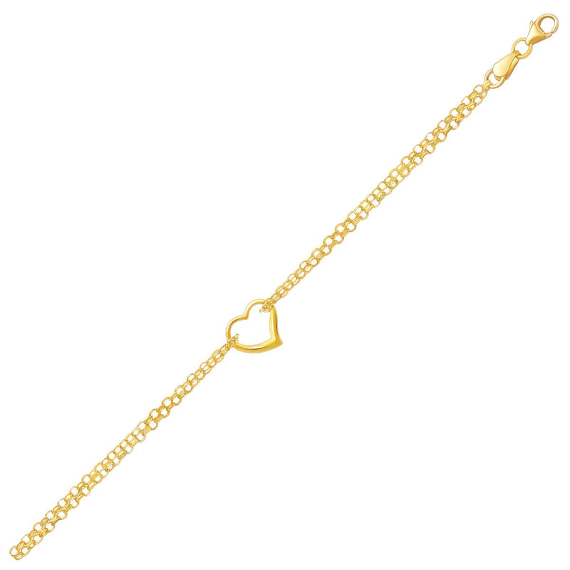 Bids.com 14k Yellow Gold Double Rolo Chain Anklet with an Open Heart Station Accessories White Smoke 10 / Yellow Gold