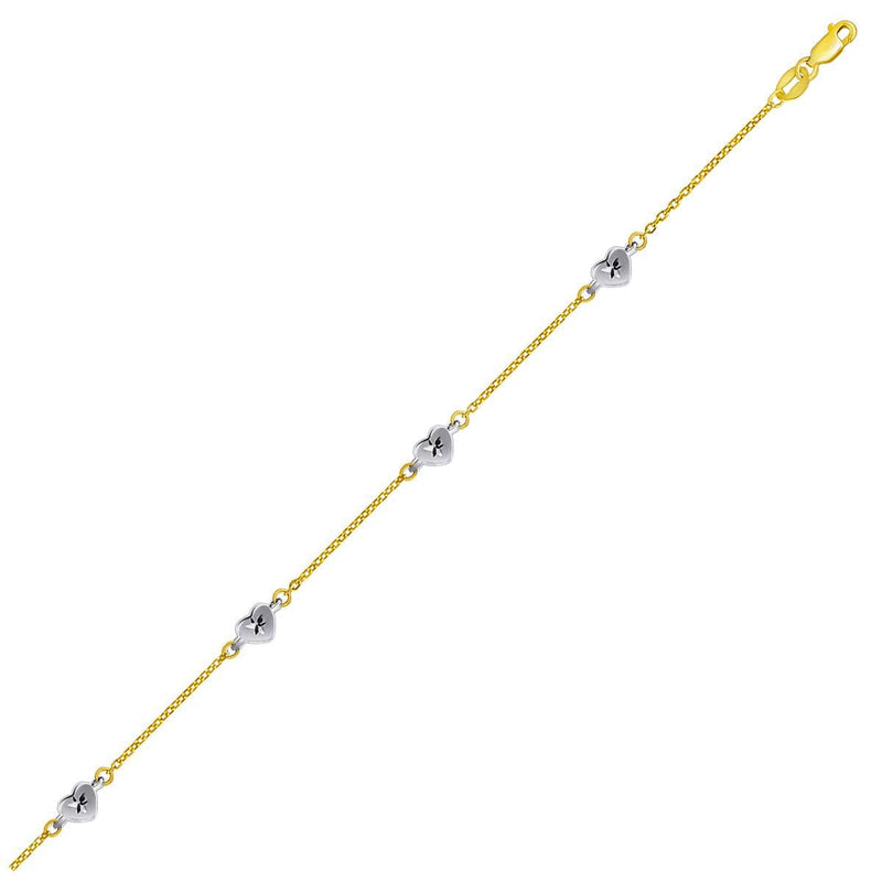 Bids.com 14k Two Tone Gold Anklet with Diamond Cut Heart Style Stations Accessories White Smoke 10 / Two-Tone Gold