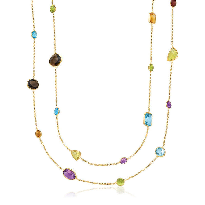 Bids.com 14k Yellow Gold Double Layer Multi Gem Necklace Necklaces White Smoke 30 / Yellow Gold
